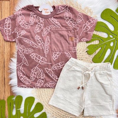 Conj. Camiseta Folhagem com Bolso e Bermuda em Linho - Bordô e Areia